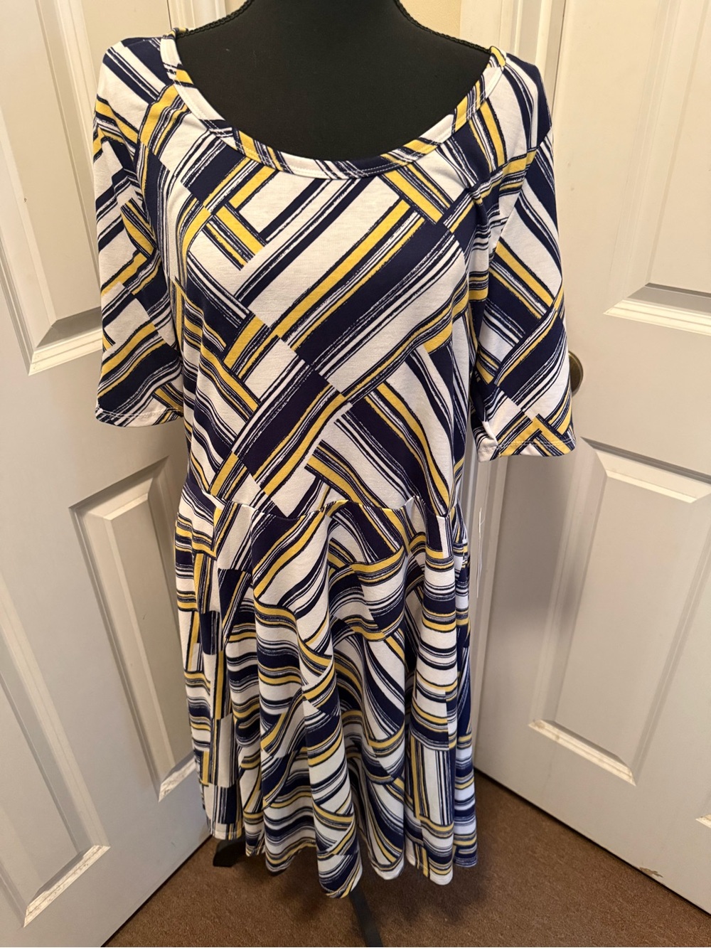 Women's Blue, White & Yellow lularoe Striped Fit-and-Flare Dress